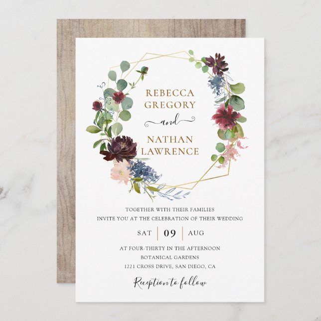 Rustic Burgundy Navy Floral Geometric Wedding Invitation (Front/Back)