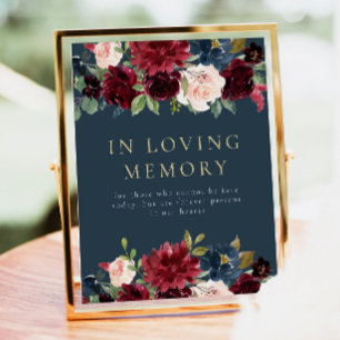 Rustic Burgundy Navy Floral In Loving Memory Sign