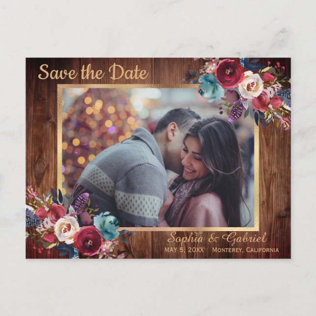 Rustic Burgundy Navy Floral Photo Save the Date Announcement Postcard (Front)