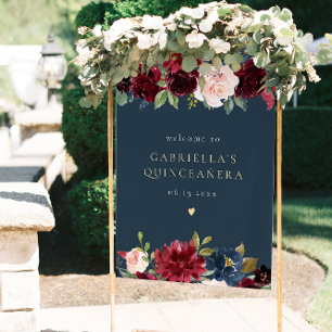 Rustic Burgundy & Navy Floral Quinceañera Welcome Poster