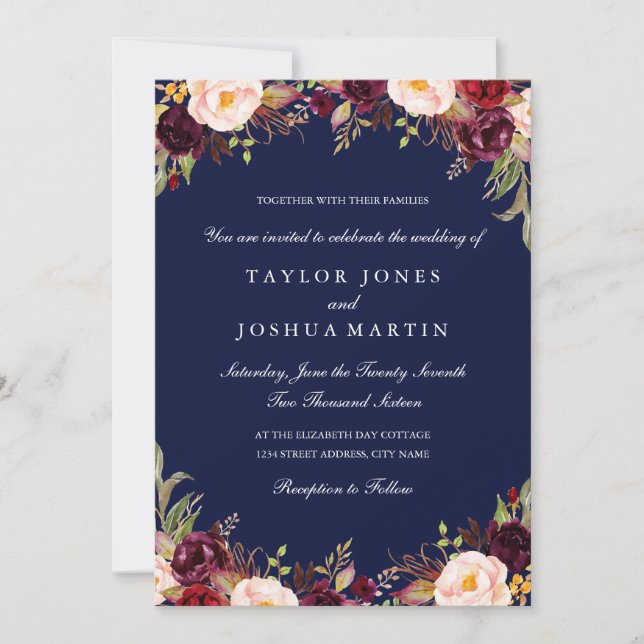 Rustic Burgundy Navy Floral Wedding Invitation (Front)
