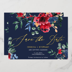 Rustic burgundy navy floral wedding save the date 