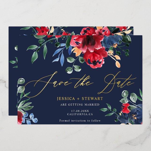 Rustic burgundy navy floral wedding save the date  (Front/Back)