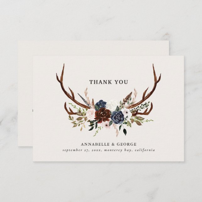 Rustic burgundy navy floral wedding thank you enclosure card (Front/Back)