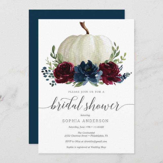 Rustic Burgundy Navy Pumpkin Bridal Shower Invite (Front/Back)