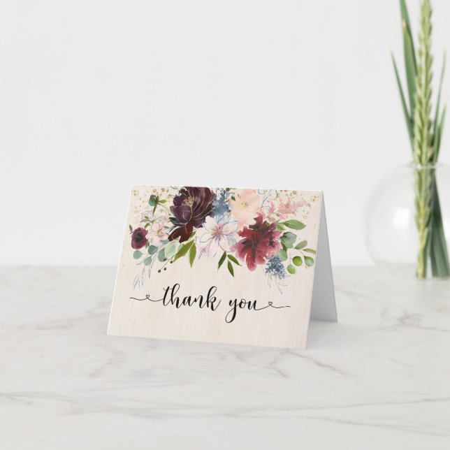 Rustic Burgundy Navy Watercolor Floral Thank You Card (Front)