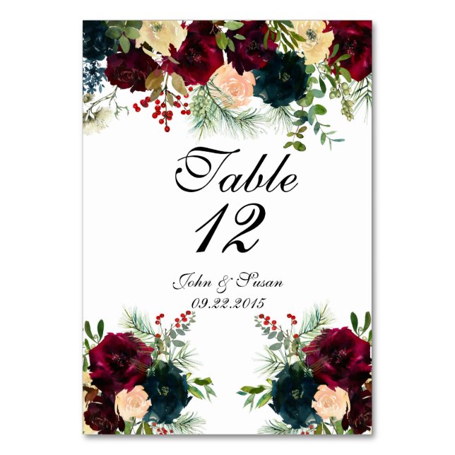 Rustic Burgundy Navy Wedding Table Numbers (Front)