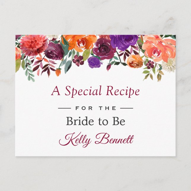 Rustic Burgundy Orange Floral Bridal Shower Recipe Postcard (Front)