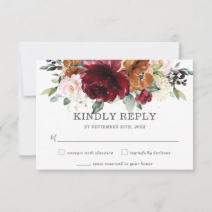 Rustic Burgundy Orange Floral Wedding RSVP Card