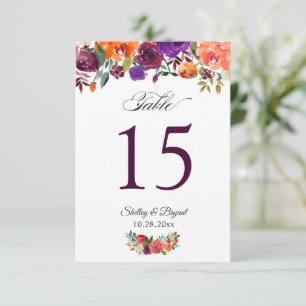 Rustic Burgundy Orange Floral Wedding Table Number