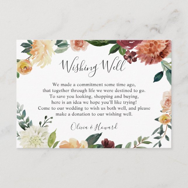 Rustic Burgundy Orange Floral Wedding Wishing Well Enclosure Card (Front)
