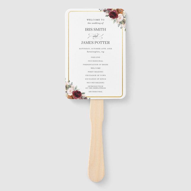 Rustic Burgundy Orange Pink Floral Wedding Program Hand Fan (Front)