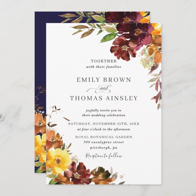 Rustic Burgundy Orange Yellow Floral Fall Wedding Invitation (Front/Back)