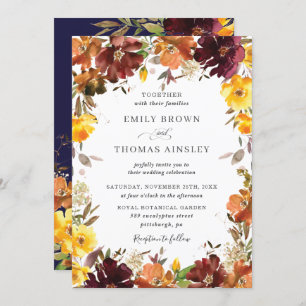 Rustic Burgundy Orange Yellow Floral Fall Wedding Invitation