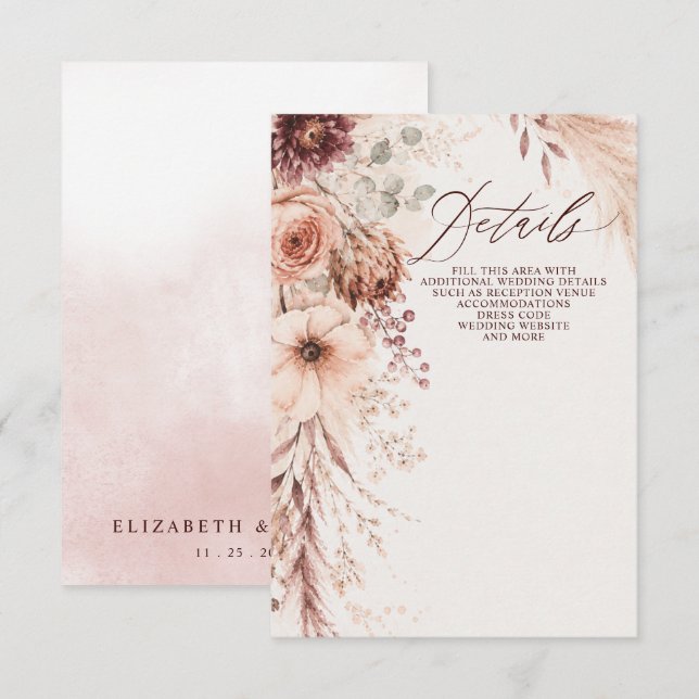 Rustic Burgundy Pampas Floral Fall Wedding Enclosure Card (Front/Back)