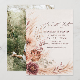 Rustic Burgundy Pampas Floral Fall Wedding Photo Save The Date