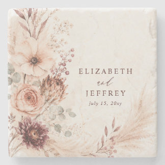 Rustic Burgundy Pampas Floral Fall Wedding Stone Coaster