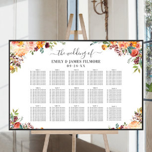 Rustic Burgundy Peach Fall Floral Wedding Seating Poster