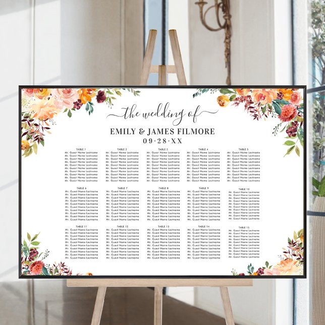 Rustic Burgundy Peach Fall Floral Wedding Seating Poster (Creator Uploaded)