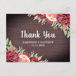 Rustic Burgundy Peach Floral Wedding Thank You Postcard
