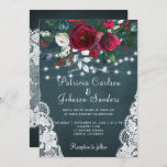 Rustic burgundy peonies winter lights lace wedding invitation<br><div class="desc">Elegant chic winter wedding stylish invitation template on dark pine green chalkboard featuring a beautiful red burgundy and white flowers bouquet with hunter green foliage, strings of white twinkle lights, lace corners, and a handwritten calligraphy script. Easy to personalise with your details! The invitation is suitable for elegant winter rustic...</div>
