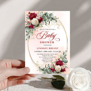 Rustic Burgundy Peony Gold Baby Shower Invite