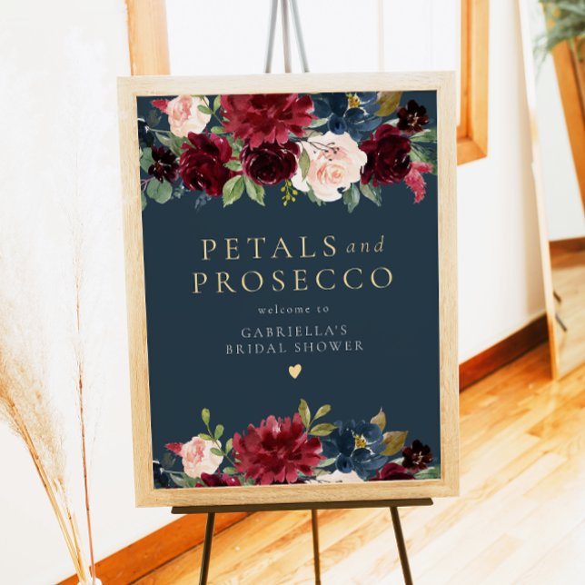 Rustic Burgundy Petals & Prosecco Bridal Shower Poster (Creator Uploaded)