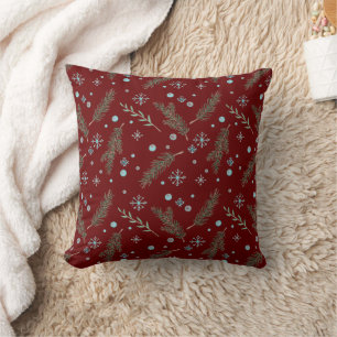 Rustic Burgundy Pine Branches Snowflakes Cushion
