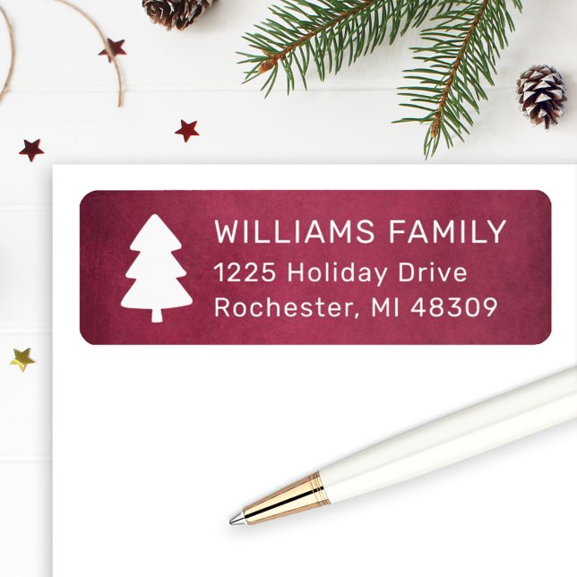 Rustic Burgundy Pine Tree Christmas Address (Creator Uploaded)
