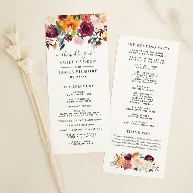 Rustic Burgundy Pink Fall Floral Wedding Ceremony Programme (Creator Uploaded)