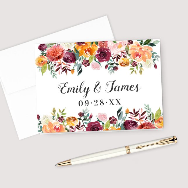 Rustic Burgundy Pink Fall Floral Wedding Monogram Thank You Card (Creator Uploaded)