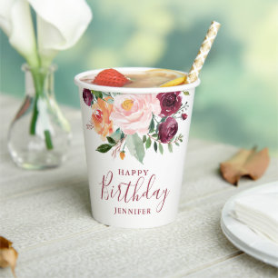 Rustic Burgundy Pink Floral Birthday Party Paper Cups