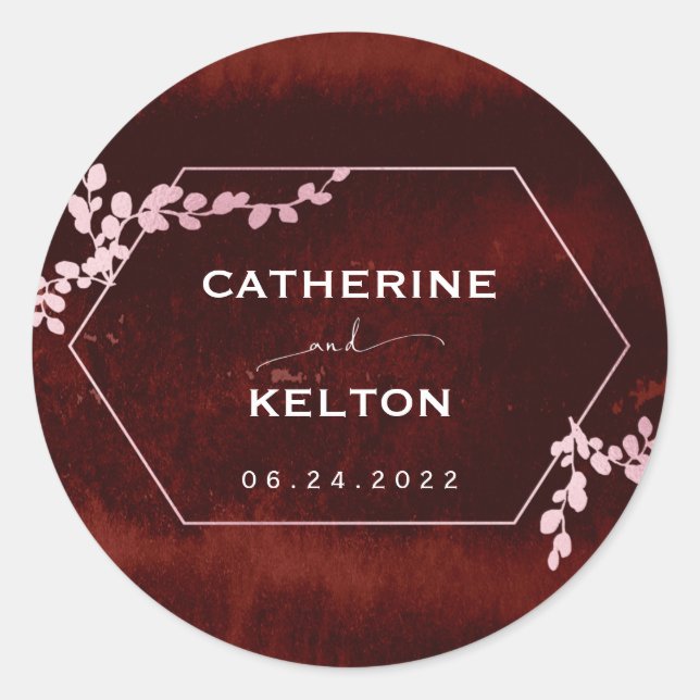 Rustic Burgundy Pink Geometric Floral Classic Round Sticker (Front)
