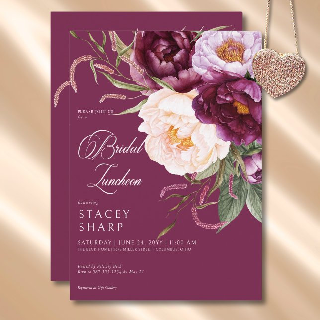 Rustic Burgundy & Pink Peonies Bridal Luncheon Invitation (Rustic Burgundy & Pink Peonies Bridal Luncheon Invitation)