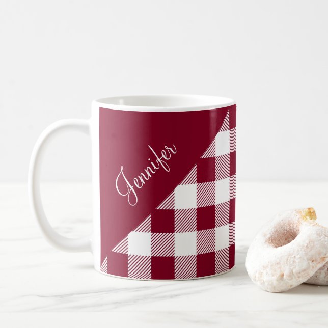 Rustic Burgundy Plaid Check Pattern Name Coffee Mug (With Donut)