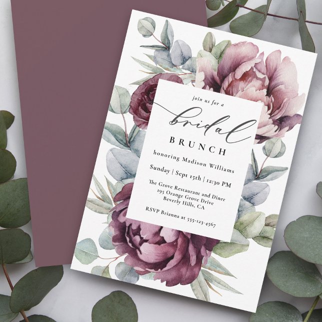 Rustic Burgundy Plum Floral Bridal Brunch Invitation (Lovely for late summer, fall or winter, this bridal brunch invitation is so feminine!)