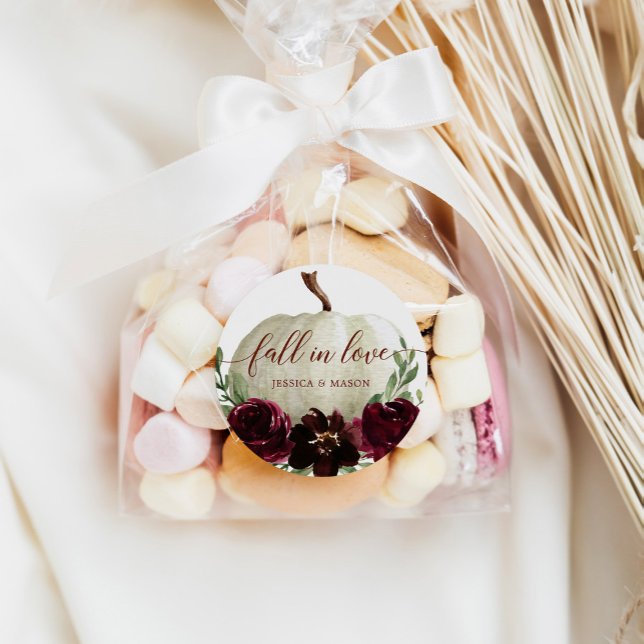 Rustic Burgundy Pumpkin Fall in Love Classic Round Sticker (Creator Uploaded)