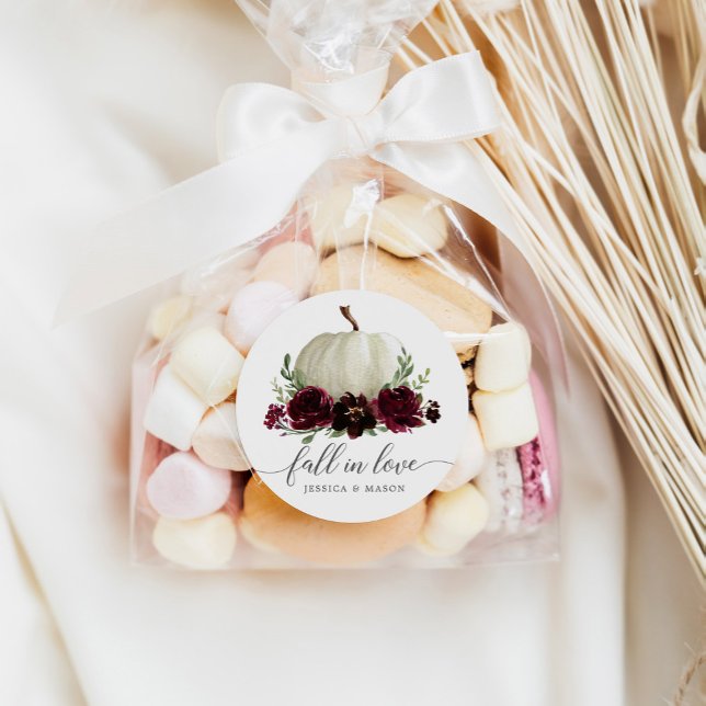 Rustic Burgundy Pumpkin Fall In Love Favour Sticke Classic Round Sticker (Creator Uploaded)