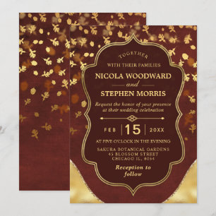 Rustic Burgundy Red and Gold Fall Leaves Wedding Invitation