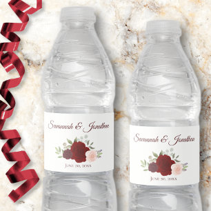 Rustic Burgundy Red & Blush Pink Roses Wedding Water Bottle Label