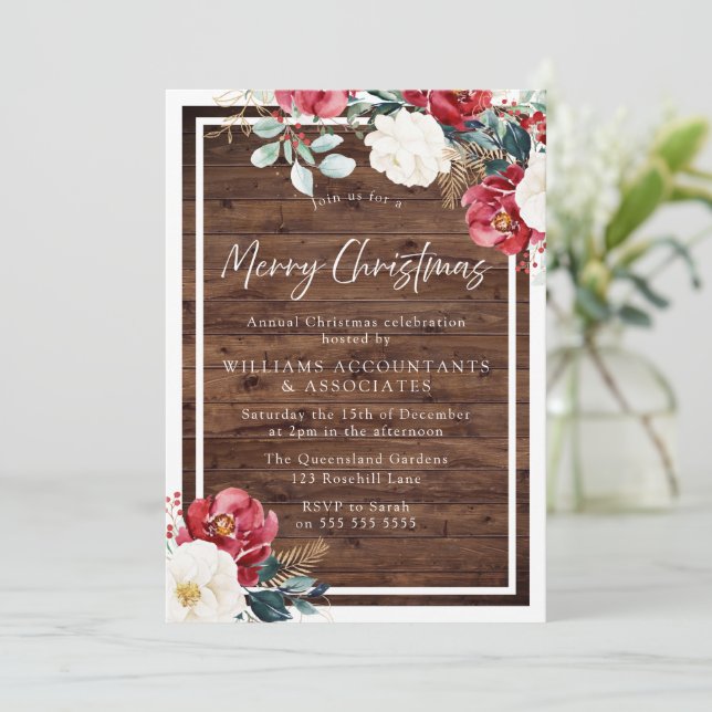 Rustic Burgundy Red Christmas Party Celebration Invitation (Standing Front)