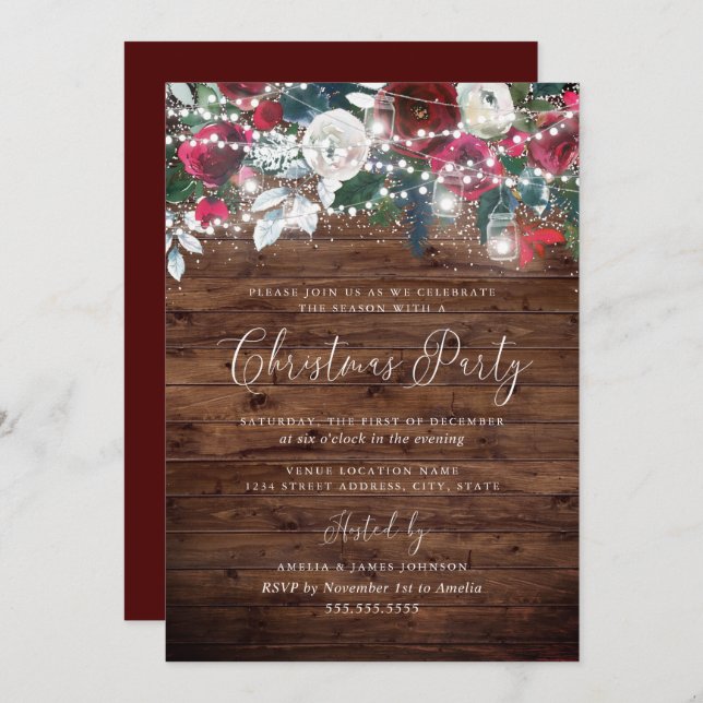 Rustic Burgundy Red Festive Light Garden Christmas Invitation (Front/Back)