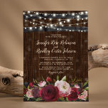 Rustic Burgundy Red Floral Barrel Wedding Invitation<br><div class="desc">Country themed wedding invitations featuring a rustic wood barrel backdrop, string lights, a red, burgundy & blush pink watercolor floral spray, and a beautiful wedding template. ==================================================================================== For further personalisation, please click the "Customise it" button to modify this template. All text style, colours, and sizes can be modified to suit...</div>