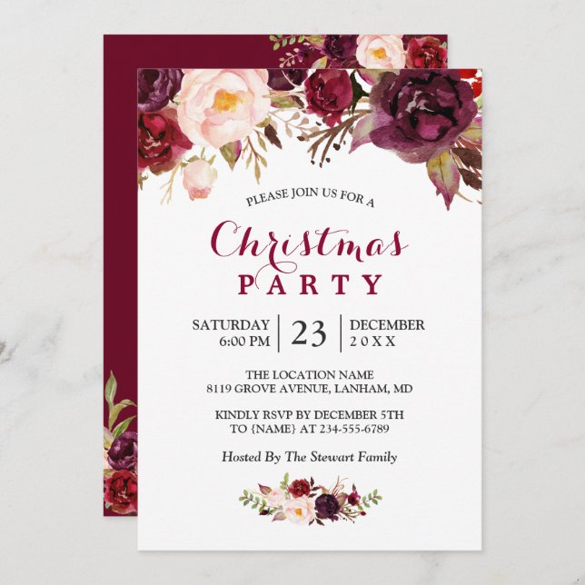Rustic Burgundy Red Floral Chic Christmas Party Invitation (Front/Back)