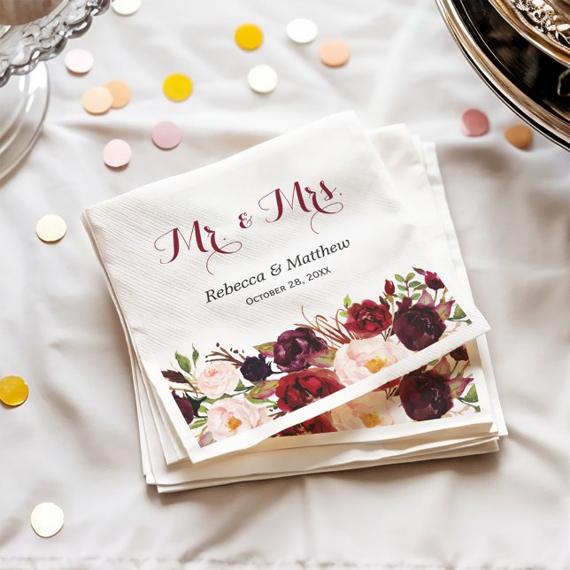 Rustic Burgundy Red Floral Mr and Mrs Wedding Napkin (Creator Uploaded)