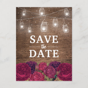Rustic Burgundy Red Floral Save the Date Announcement Postcard