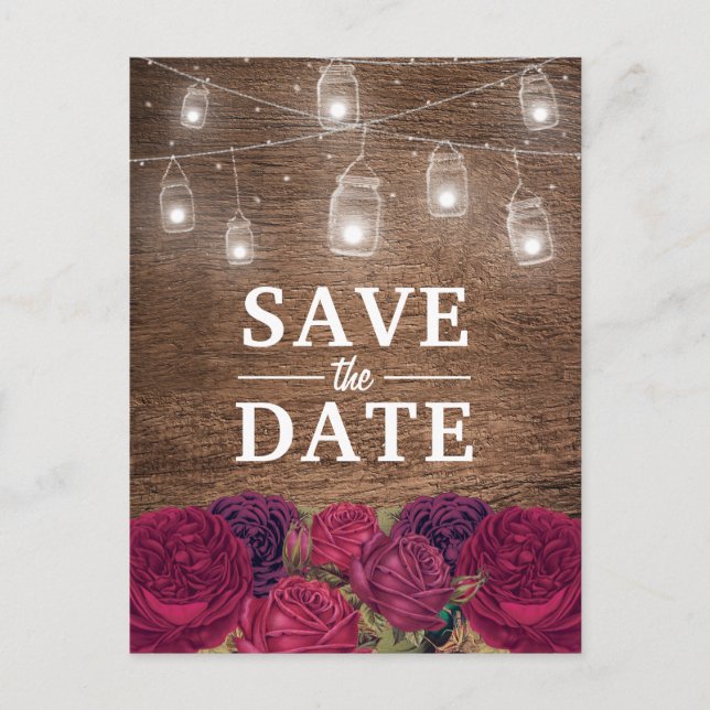 Rustic Burgundy Red Floral Save the Date Announcement Postcard (Front)