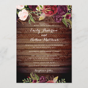 Rustic Burgundy Red Floral Wedding Invitation