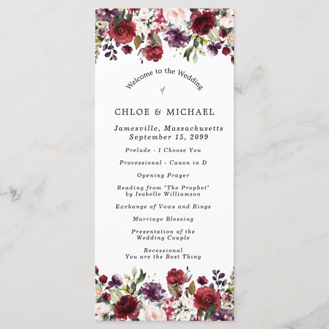 Rustic Burgundy Red Floral Wedding Programme (Front)