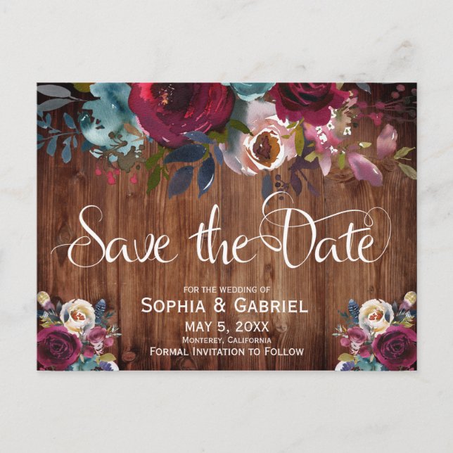 Rustic Burgundy Red Navy Floral Wood Save the Date Announcement Postcard (Front)